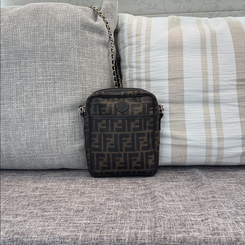 Fendi Black and Brown Small Monogram Messenger Crossbody Bag W/ Unbranded Chain